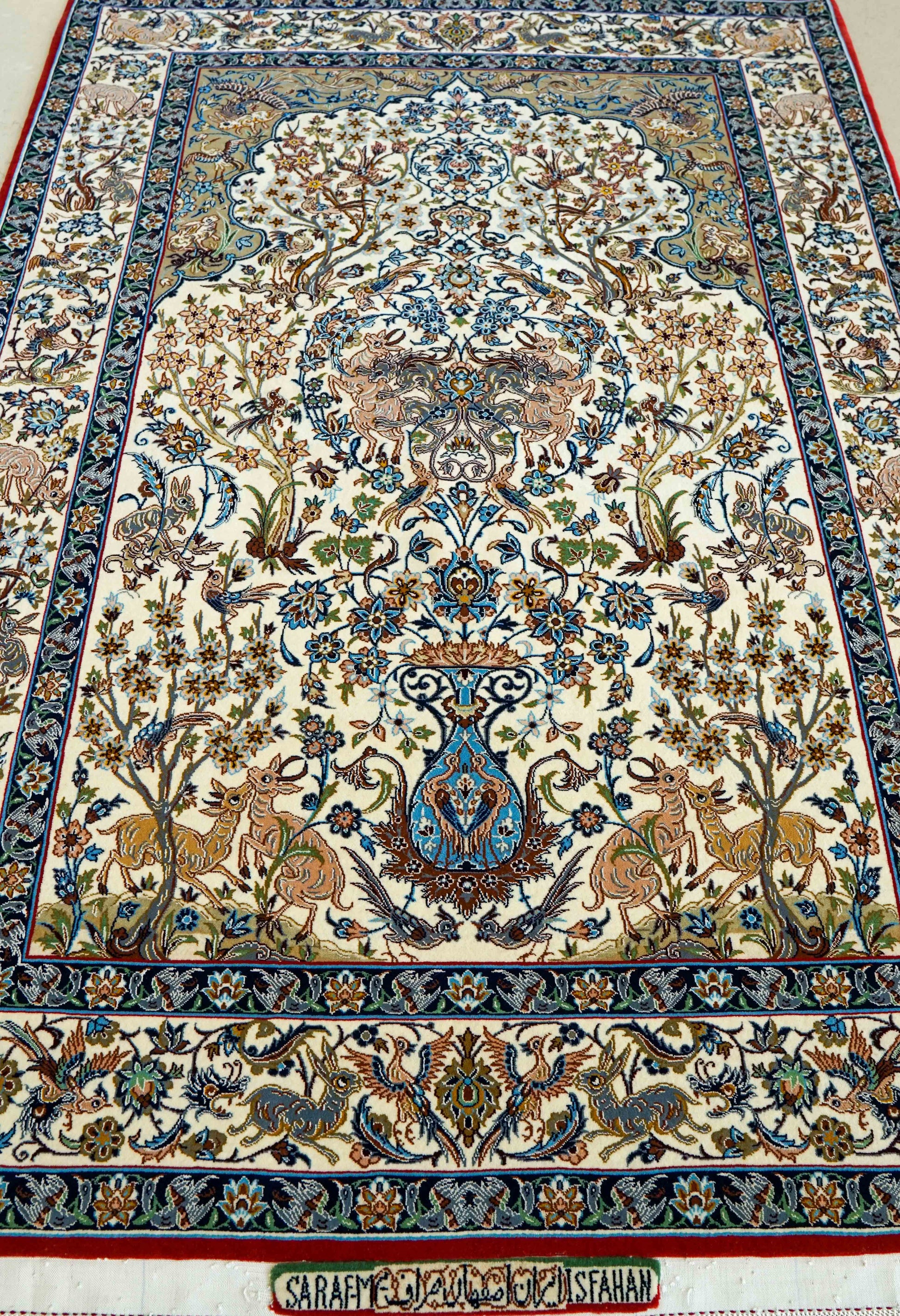  ペルシャ絨毯 オールドイスファハン産 サラフ・マームリ工房 約168×120cm｜コルクウール＆シルク 手織り ペルシャ絨毯