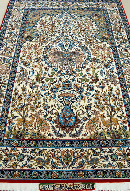 ペルシャ絨毯 オールドイスファハン産 サラフ・マームリ工房 約168×120cm｜コルクウール＆シルク 手織り ペルシャ絨毯