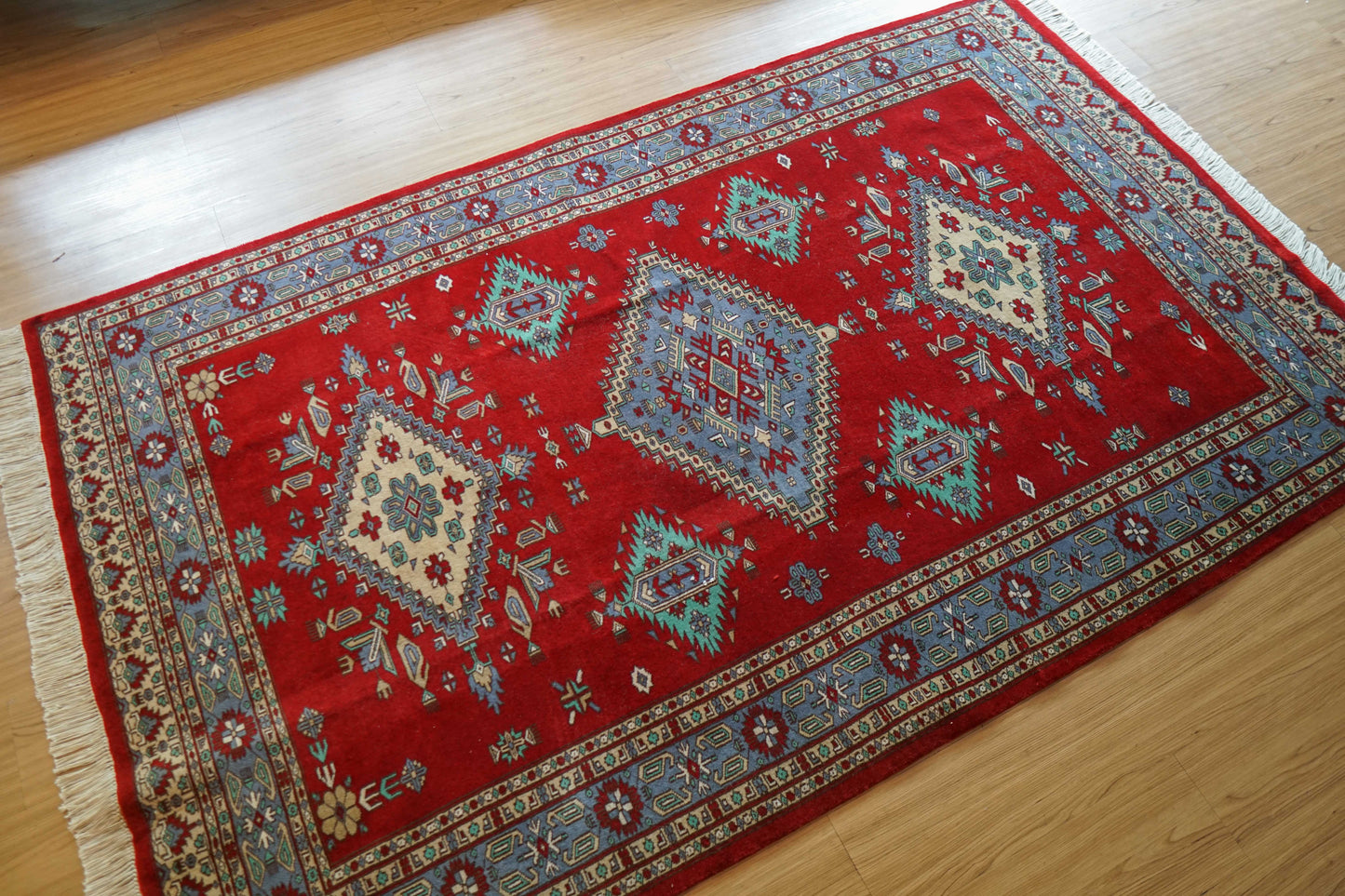  パキスタン手織り絨毯 209×127cm｜メリノウール使用・天然染料のトライバルデザインラグ