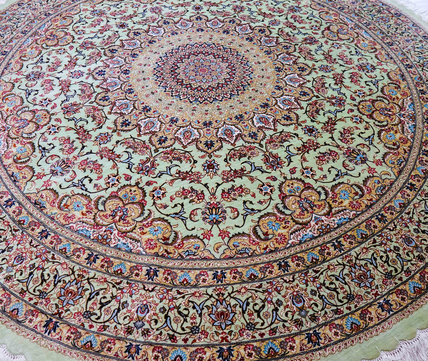 手織りペルシャ絨毯 カシャーン産 ファッラ工房 シルク100% 丸 200×200cm