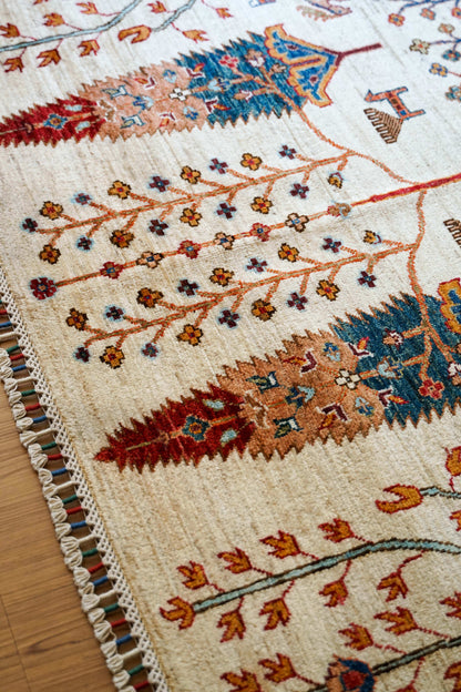  アフガニスタン 手織りガズニギャッベ 203×154cm｜草木染め・生命の木と動物文様