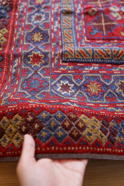  手織りマシュワニキリム 125×113cm｜アフガニスタン製 ウール100％ トライバルラグ 幾何学模様