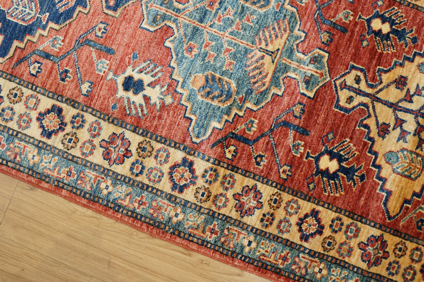 アフガニスタン手織り ガズニウールラグ 317×78cm｜カザクデザイン・ロングランナー｜赤×ブルー