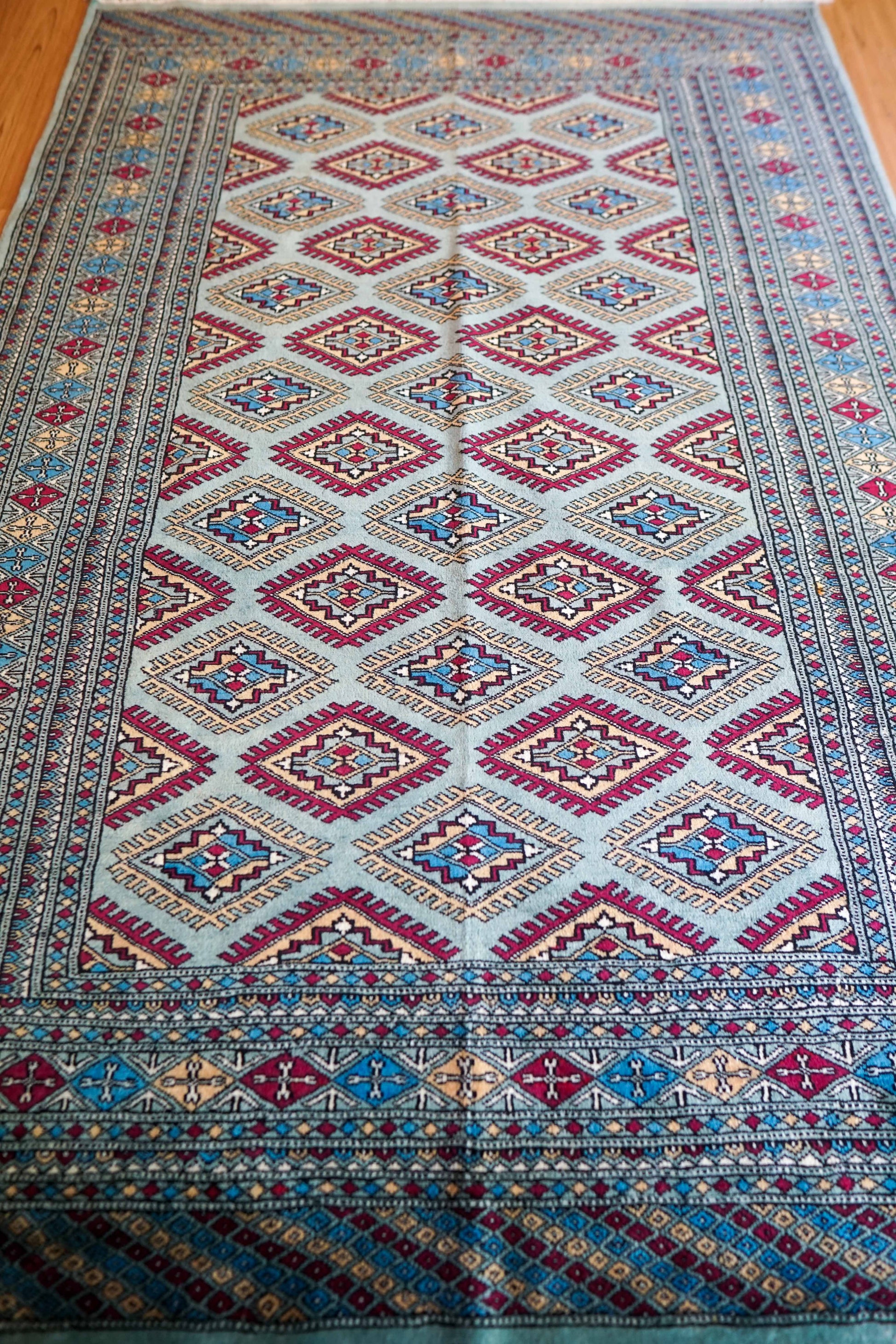  パキスタン手織りジャルダール絨毯 ターコイズグリーン 184×122cm