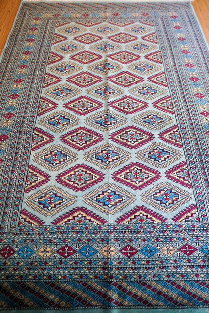  パキスタン手織りジャルダール絨毯 ターコイズグリーン 184×122cm