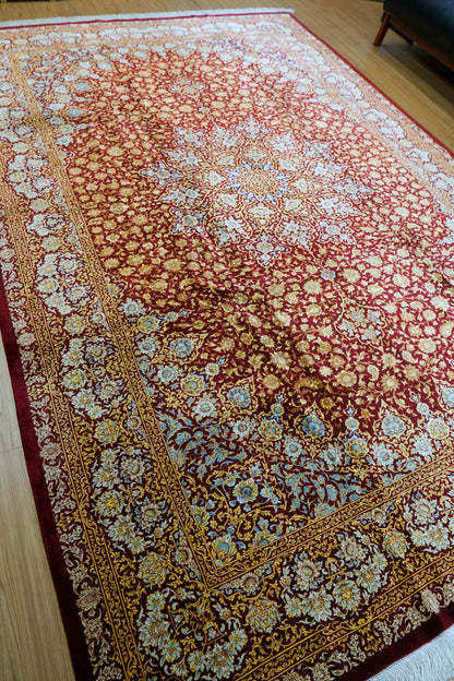 手織りペルシャ絨毯 クム産 アフマディ工房 100％シルク 300×204cm｜総シルク 大判サイズ｜精密メダリオンデザイン