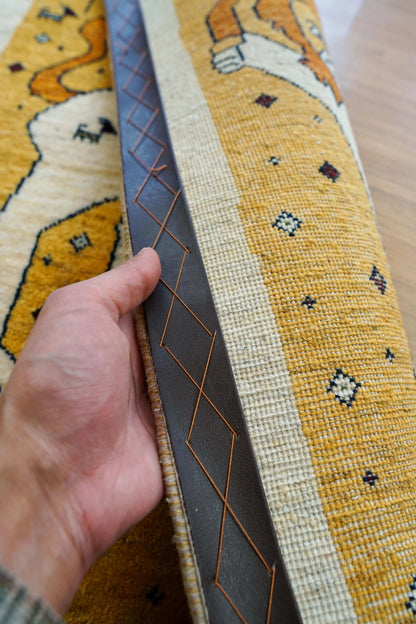  ペルシャ手織りカシュクリギャッベ リズバフト 101×63cm｜ライオン＆花モチーフ 高密度ギャッベ ウールラグ