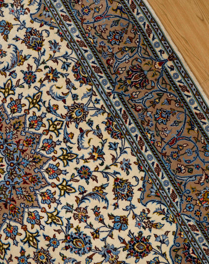  ペルシャ絨毯 カシャーン産 226×152cm (カシャン)｜伝統メダリオンデザイン・上品なアイボリー×ブルー