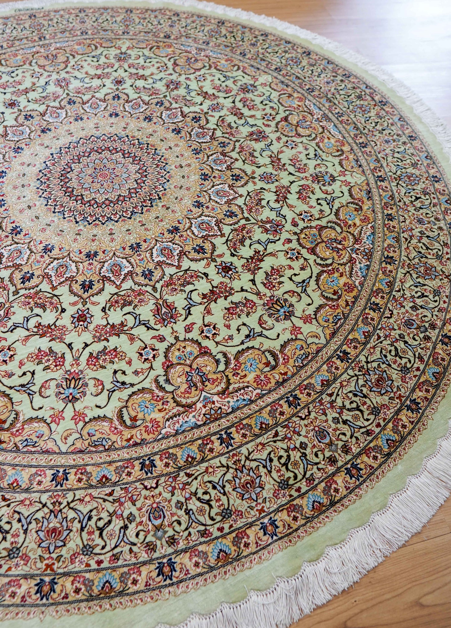 手織りペルシャ絨毯 カシャーン産 ファッラ工房 シルク100% 丸 200×200cm