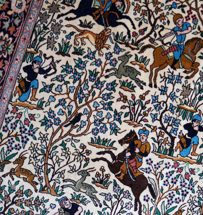  ペルシャ絨毯 タブリーズ産 シカルガー（狩猟図）デザイン 218×140cm 手織りラグ