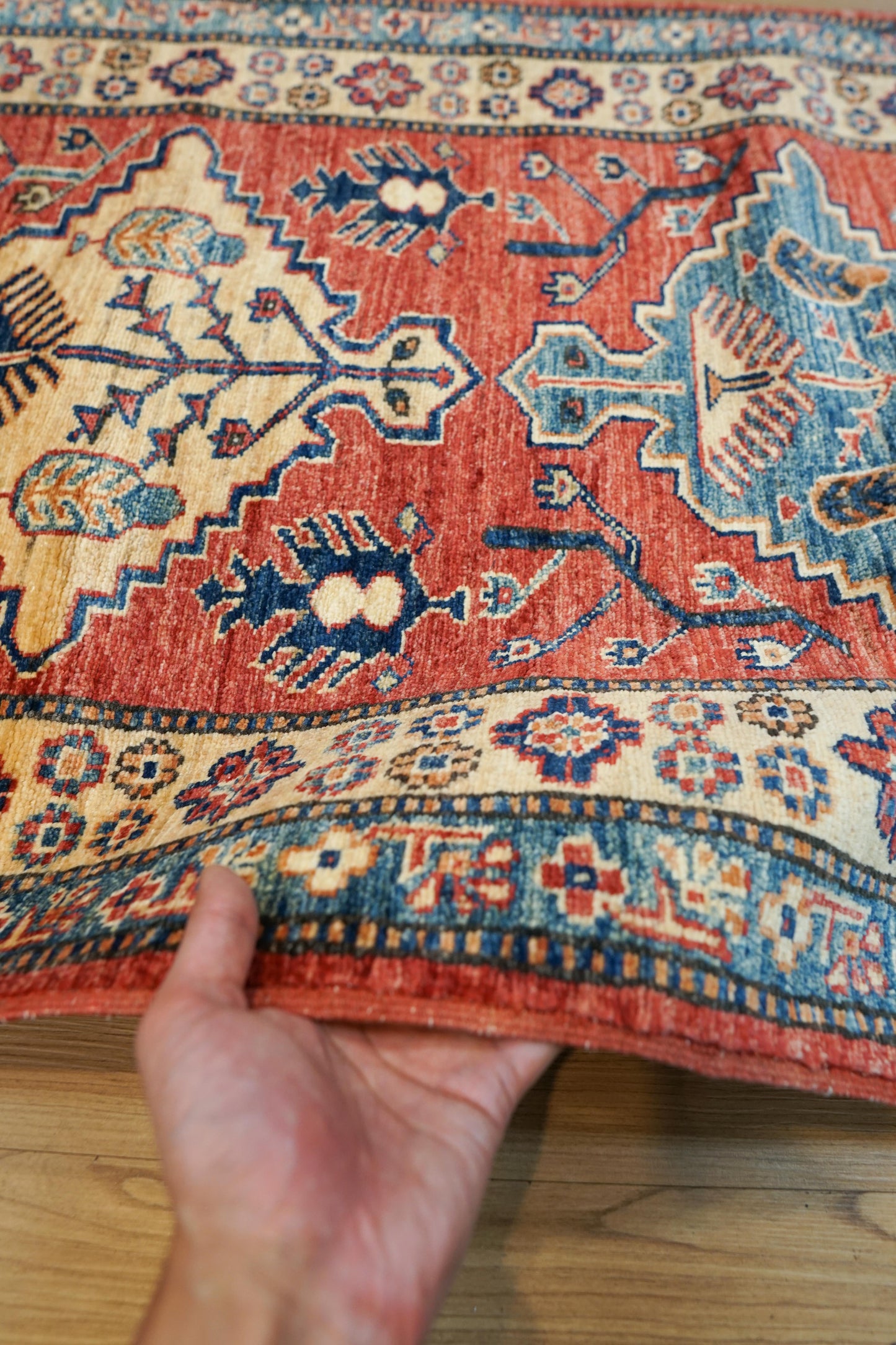 アフガニスタン手織り ガズニウールラグ 317×78cm｜カザクデザイン・ロングランナー｜赤×ブルー