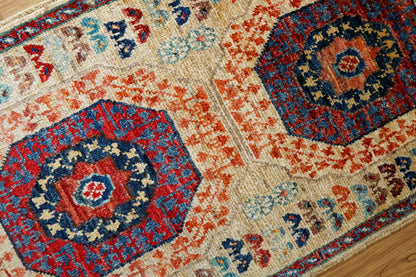  アフガン ガズニー手織り絨毯 ベージュ×レッド 92×56cm