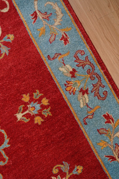  パキスタン手織り絨毯 210×129cm｜手紡ぎウール 草木染め 花文様 レッド×ターコイズ オリエンタルラグ 一点物