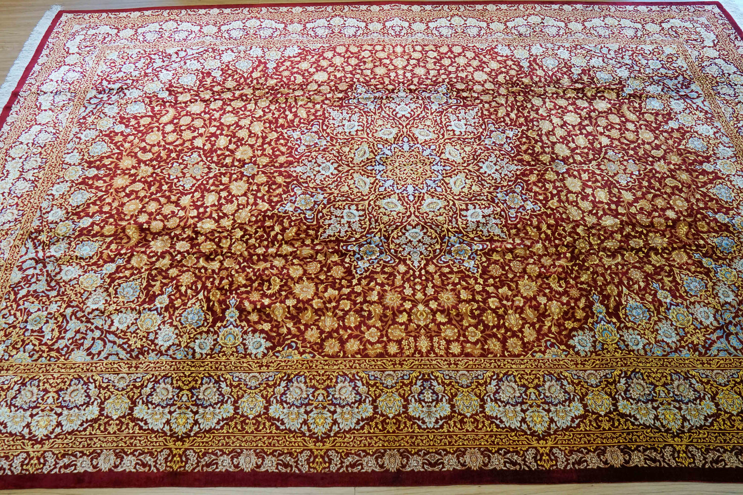 手織りペルシャ絨毯 クム産 アフマディ工房 100％シルク 300×204cm｜総シルク 大判サイズ｜精密メダリオンデザイン