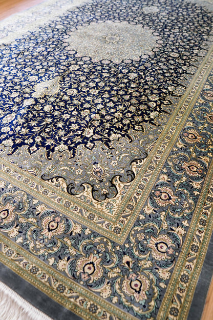  ペルシャ手織り絨毯 クム産 シルク100％ 200×132cm｜ラジョルディ房・総柄メダリオン