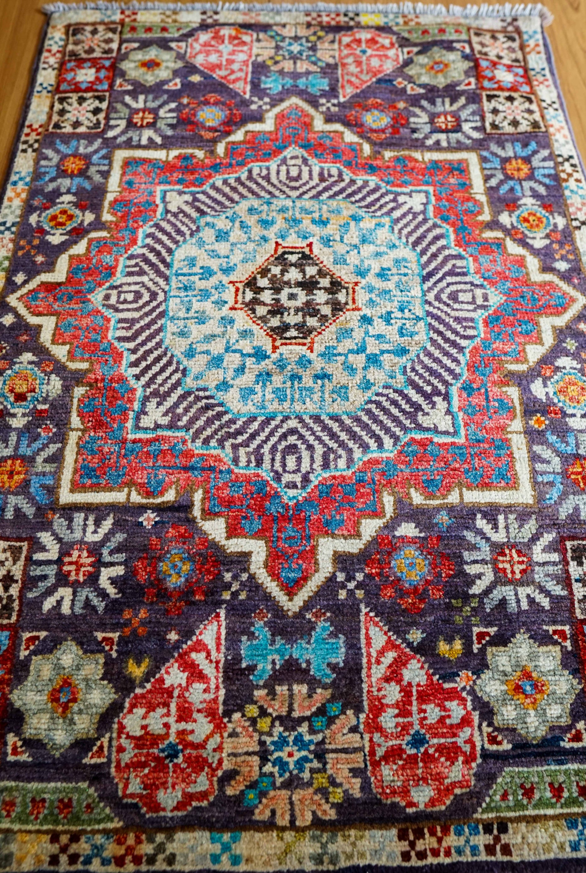  アフガニスタン手織り絨毯 90×60cm｜ガズニウール マムルクデザイン トライバルラグ