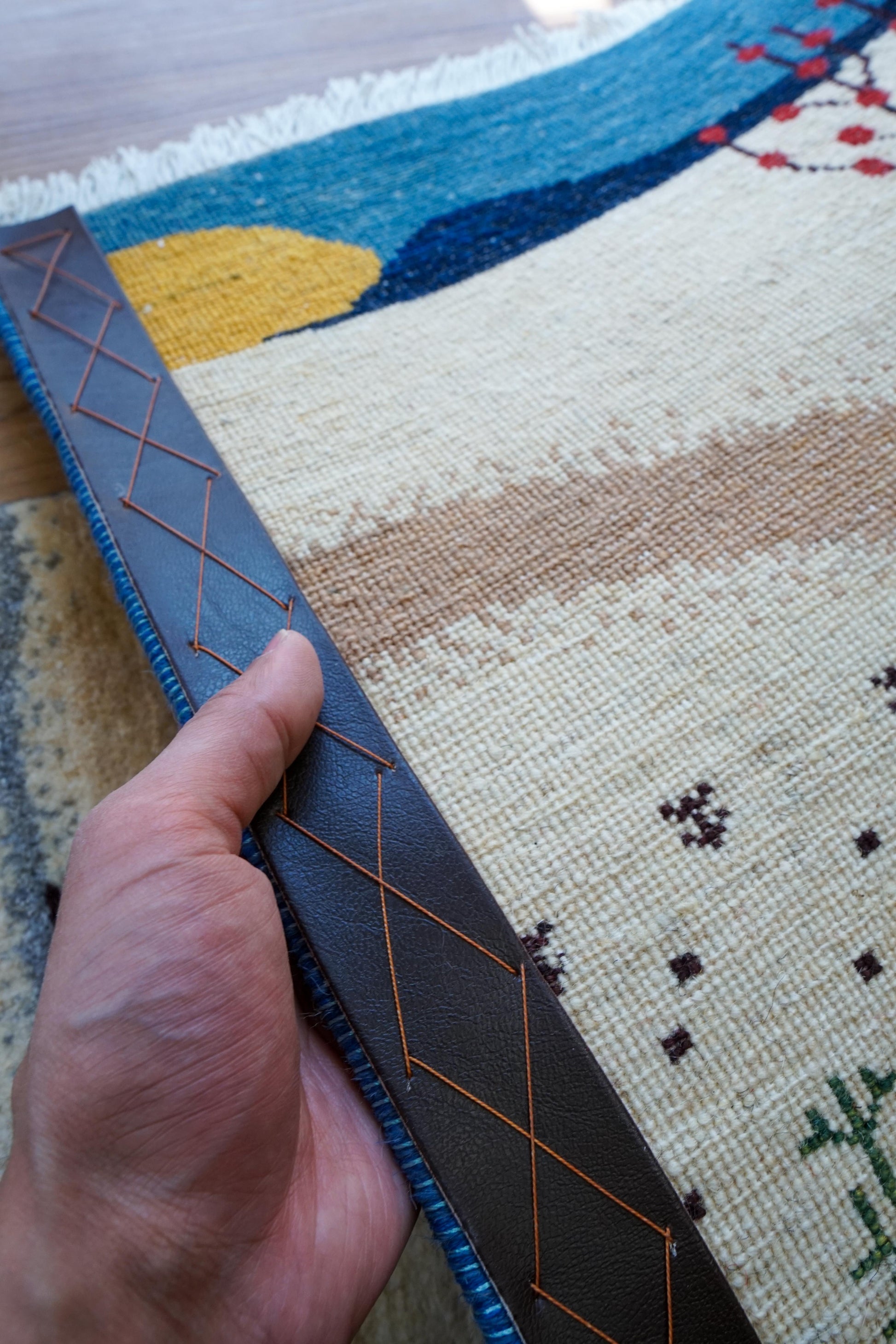  手織りペルシャカシュクリギャッベ リズバフト ランナー 113×44cm｜風景デザイン 生命の木 ウールラグ