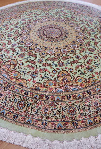 手織りペルシャ絨毯 カシャーン産 ファッラ工房 シルク100% 丸 200×200cm