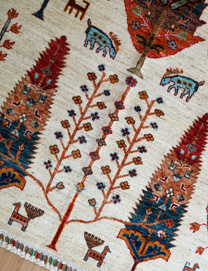  アフガニスタン 手織りガズニギャッベ 203×154cm｜草木染め・生命の木と動物文様