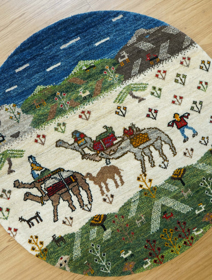  ペルシャ手織り カシュクリギャッベ 丸型 98cm丸｜ウール100% 草木染め ラウンドラグ